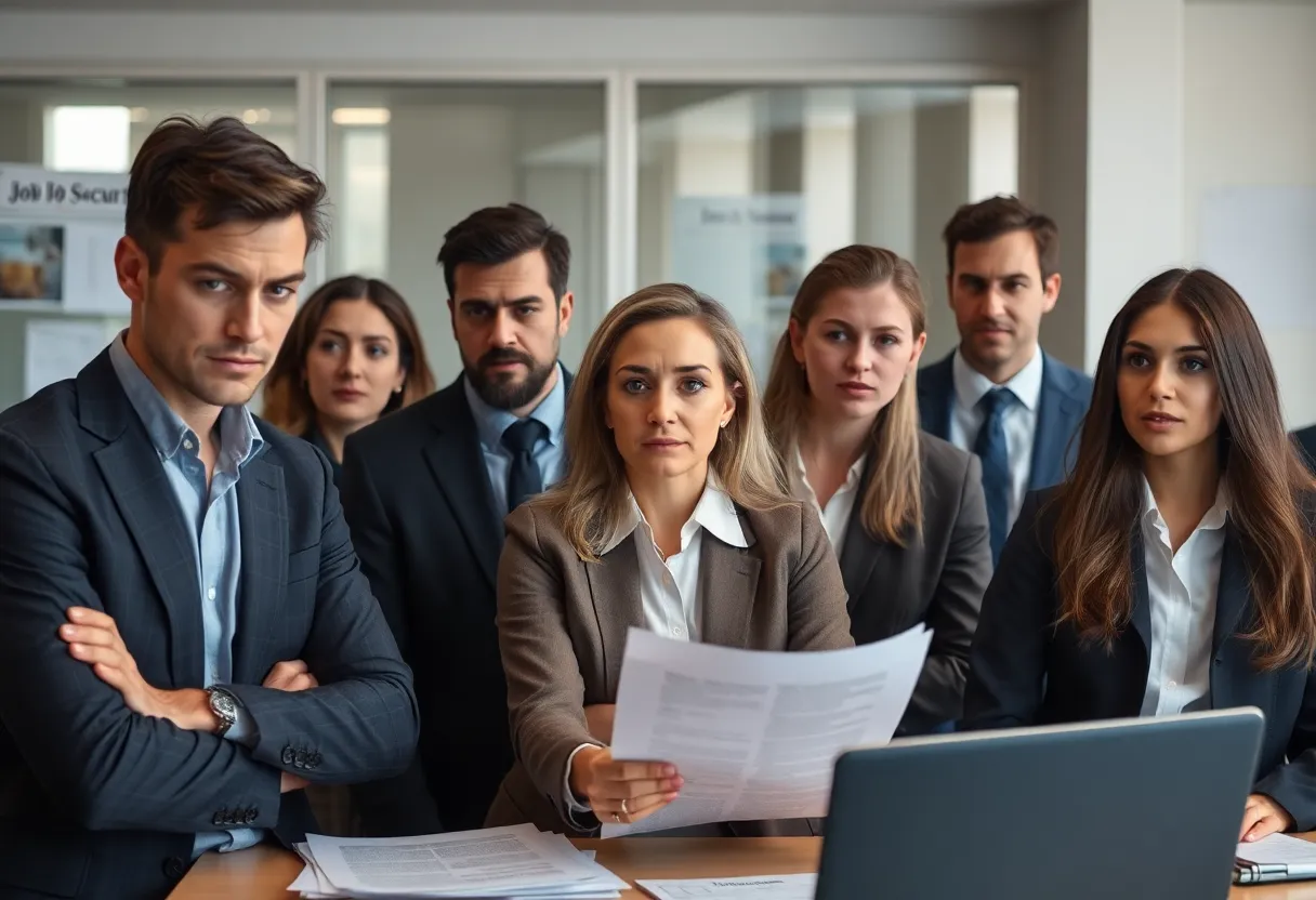 A group of worried employees discussing job security in an office.