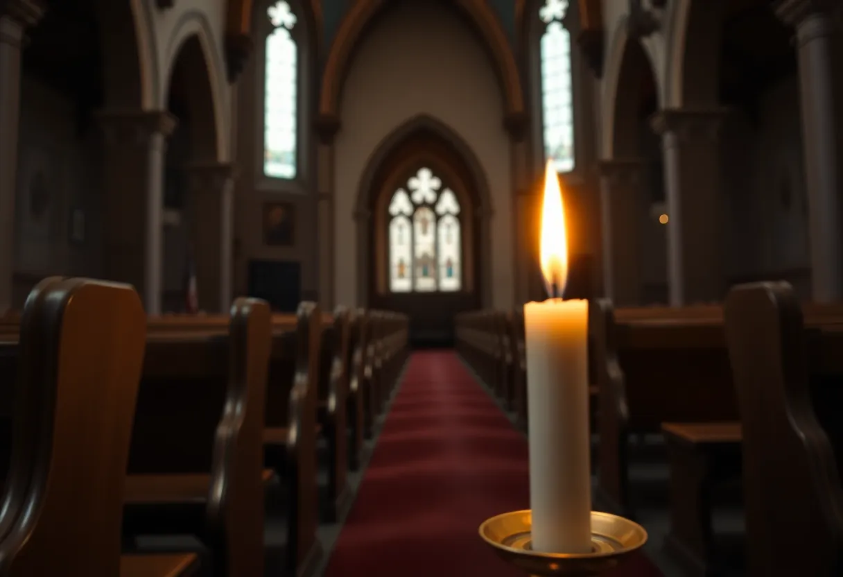 Empty church interior with candlelight