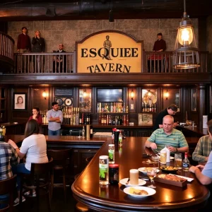 Wooden bar at Esquire Tavern with patrons enjoying drinks