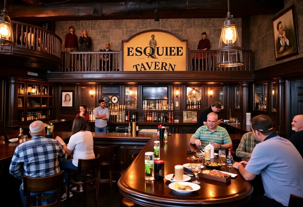 Wooden bar at Esquire Tavern with patrons enjoying drinks