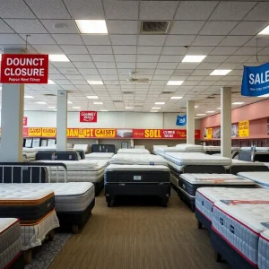 Inside view of a closing mattress store with clearance signs.