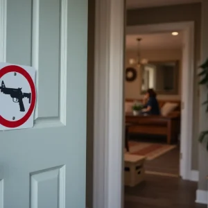 A family home displaying a 'No Firearms' sign, representing safety and oversight.