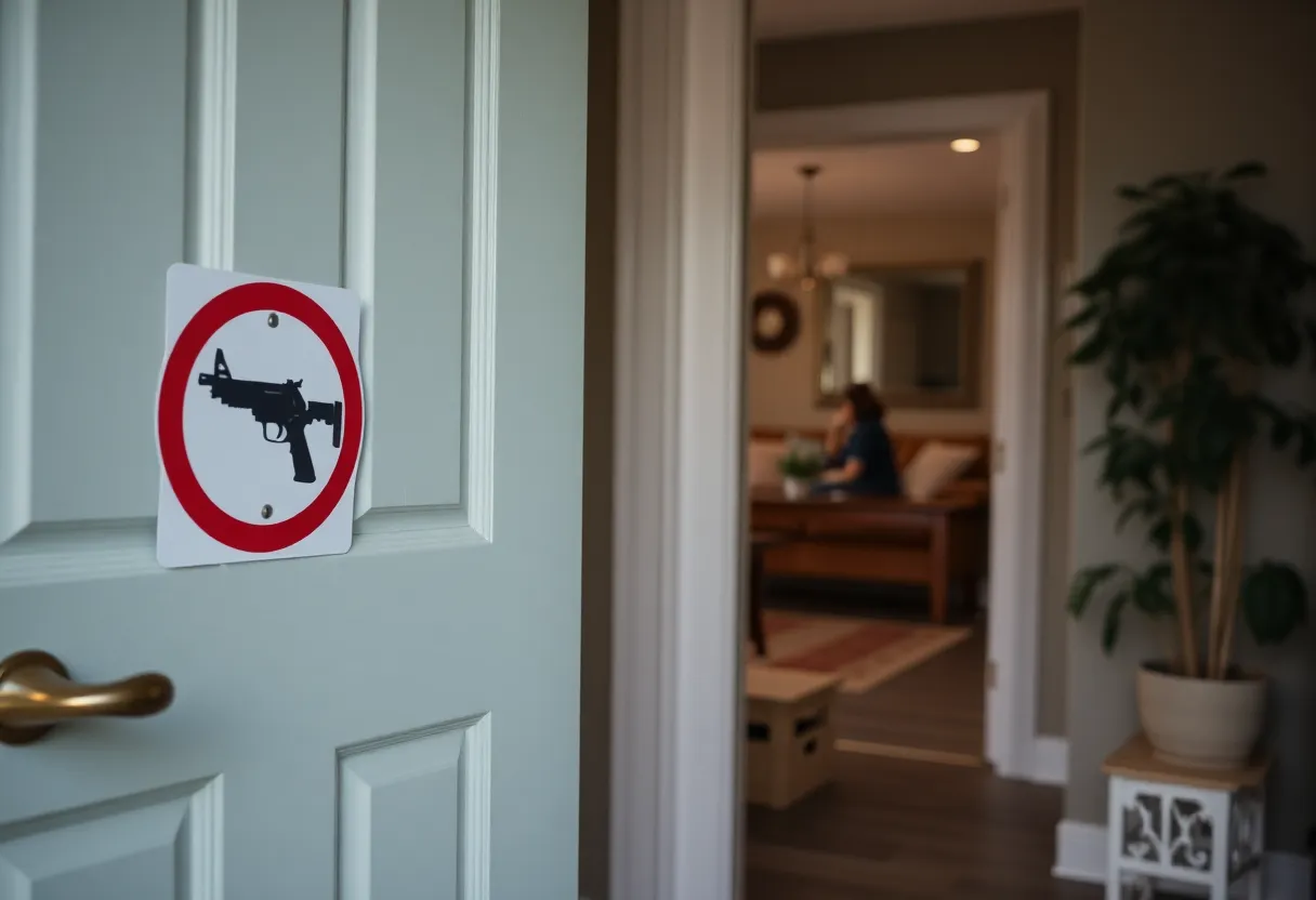 A family home displaying a 'No Firearms' sign, representing safety and oversight.