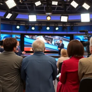 A gathering celebrating the retirement of a long-serving television anchor at a studio.