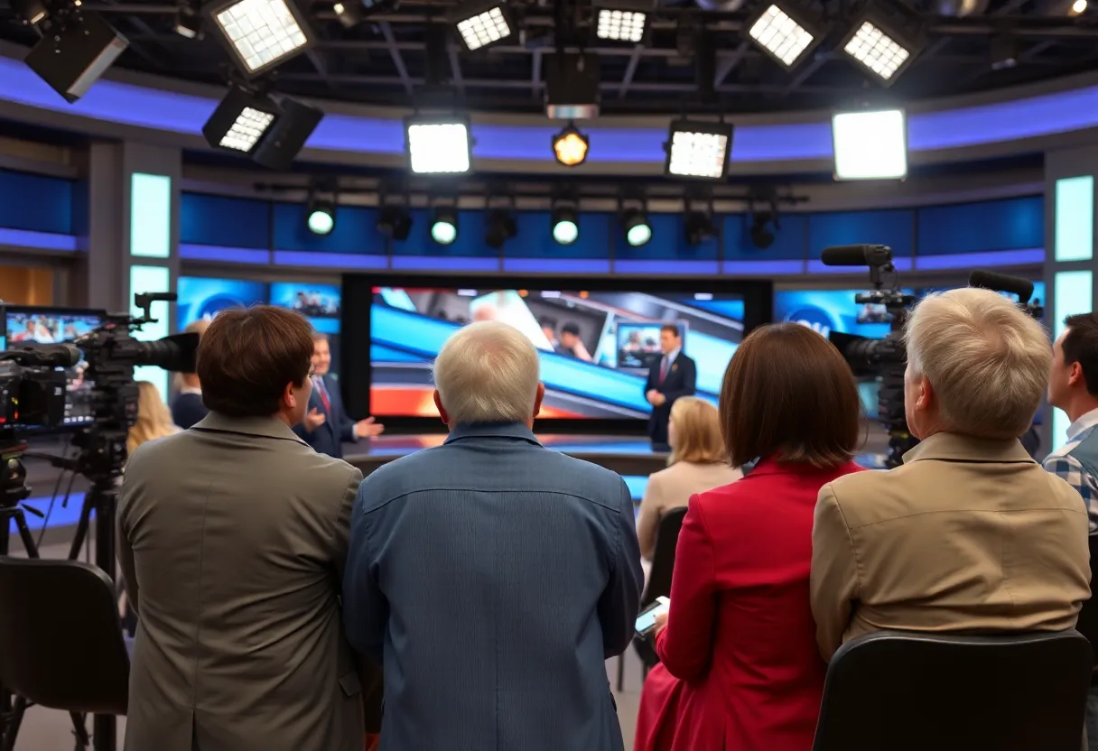 A gathering celebrating the retirement of a long-serving television anchor at a studio.