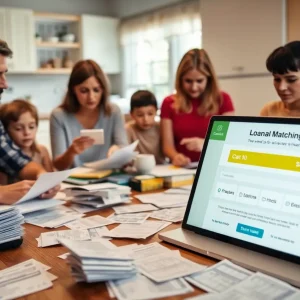 Family in financial distress reviewing bills at home