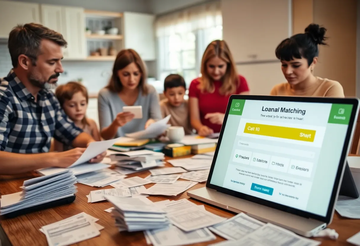 Family in financial distress reviewing bills at home