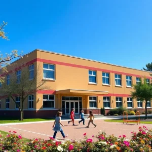 Exterior view of Harmony Hills Elementary School with students playing outside.