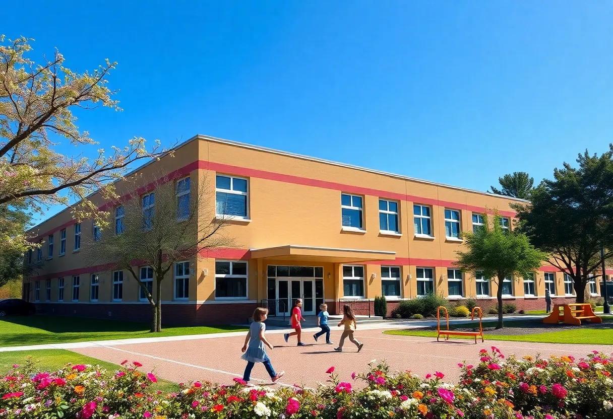 Exterior view of Harmony Hills Elementary School with students playing outside.