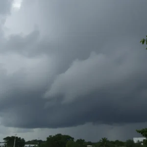 Dark clouds over San Antonio indicating heavy rainfall