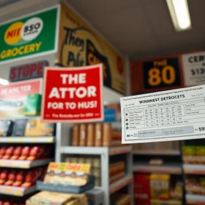 Grocery store exterior showcasing lottery ticket signs