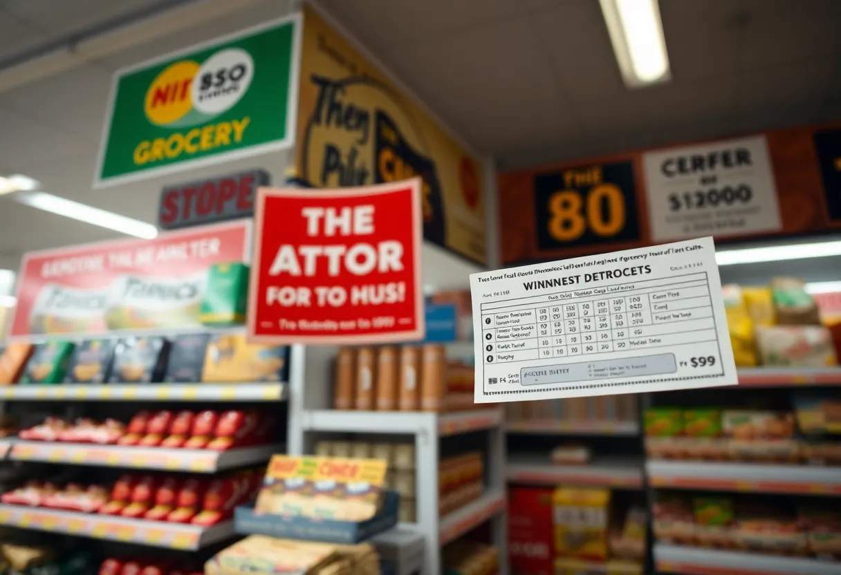 Grocery store exterior showcasing lottery ticket signs