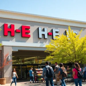 Exterior view of the new H-E-B store near UTSA with shoppers outside