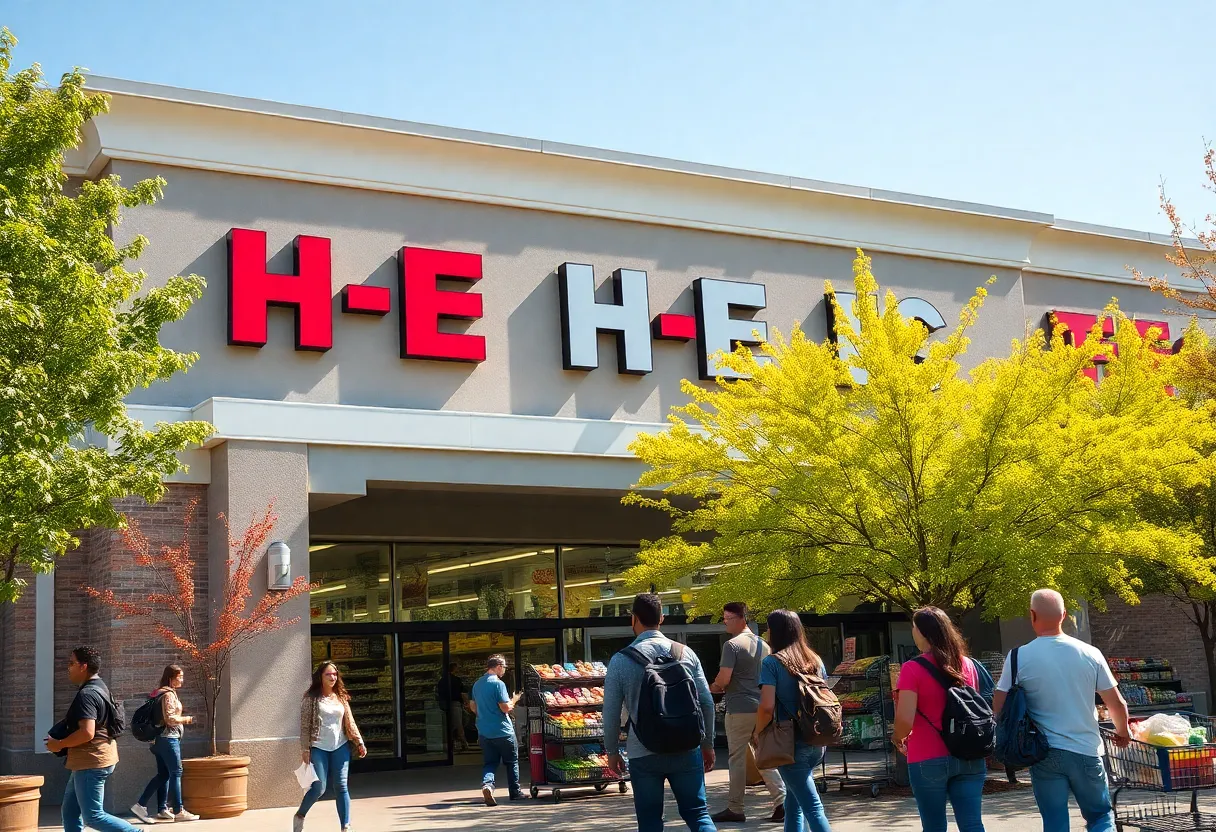 Exterior view of the new H-E-B store near UTSA with shoppers outside