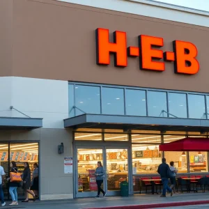 H-E-B supermarket exterior with students entering and BBQ restaurant sign.