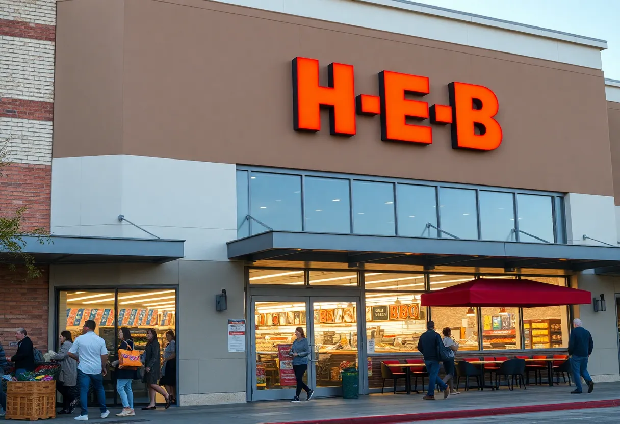 H-E-B supermarket exterior with students entering and BBQ restaurant sign.