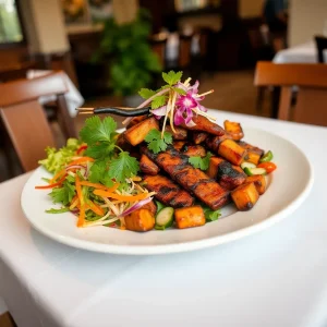 A colorful presentation of Isan cuisine with grilled meats and salads at Thai Esan & Noodle House