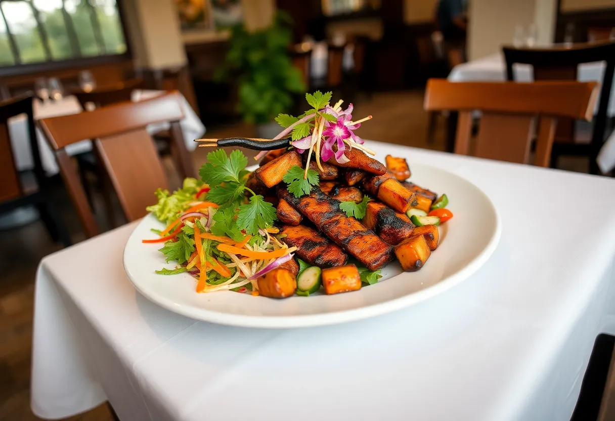 A colorful presentation of Isan cuisine with grilled meats and salads at Thai Esan & Noodle House