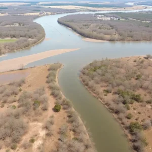 A landscape of Kerr County with river flood zones marked for a new flood warning system.