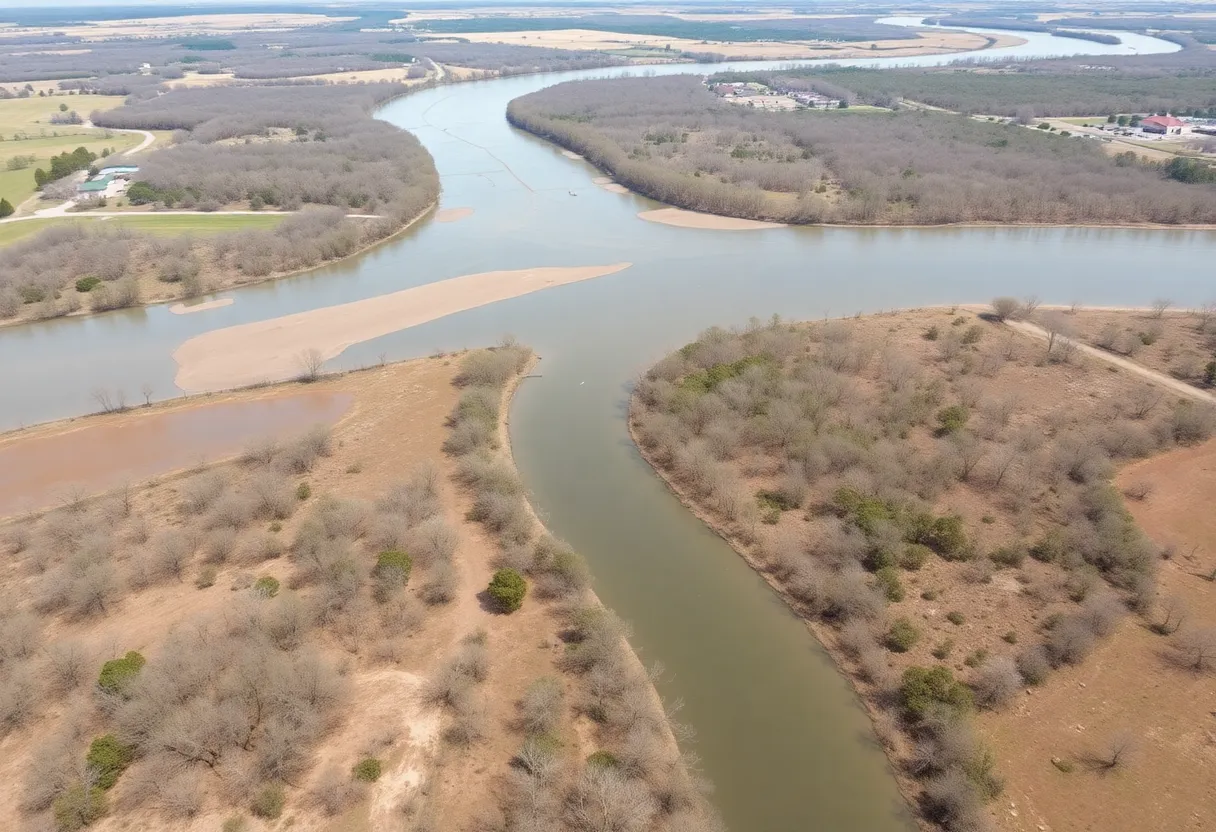A landscape of Kerr County with river flood zones marked for a new flood warning system.