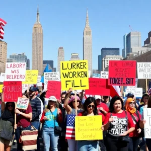 Labor Day protest with diverse participants advocating for workers' rights