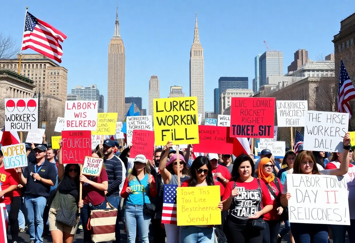 Labor Day protest with diverse participants advocating for workers' rights