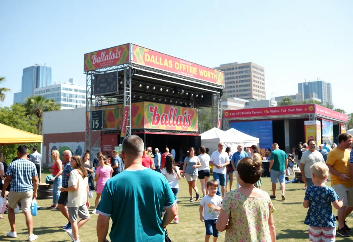 A vibrant outdoor festival with families enjoying music and activities in Dallas-Fort Worth.