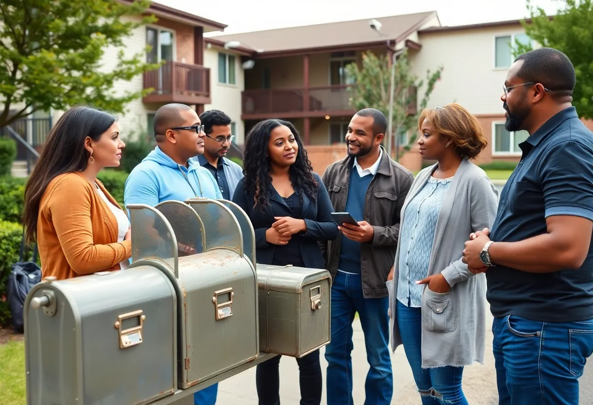 A diverse group discussing mailbox security improvements.