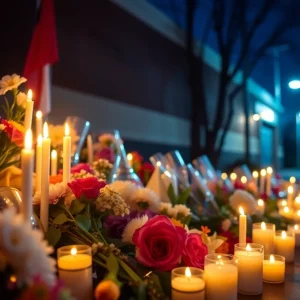 A memorial honoring Simon Cuevas with flowers and candles.