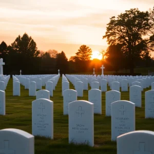 Serene military cemetery with white headstones