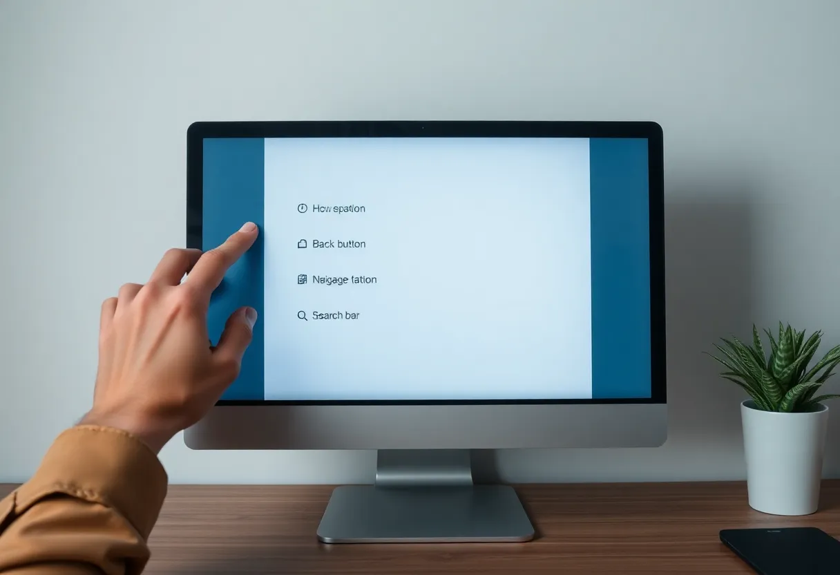 User looking at a blank web page with navigation options.