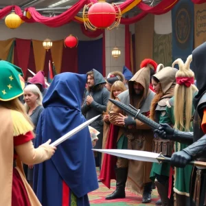 Scene from Monster's Vale fantasy role-playing game event with colorful costumes and gameplay.