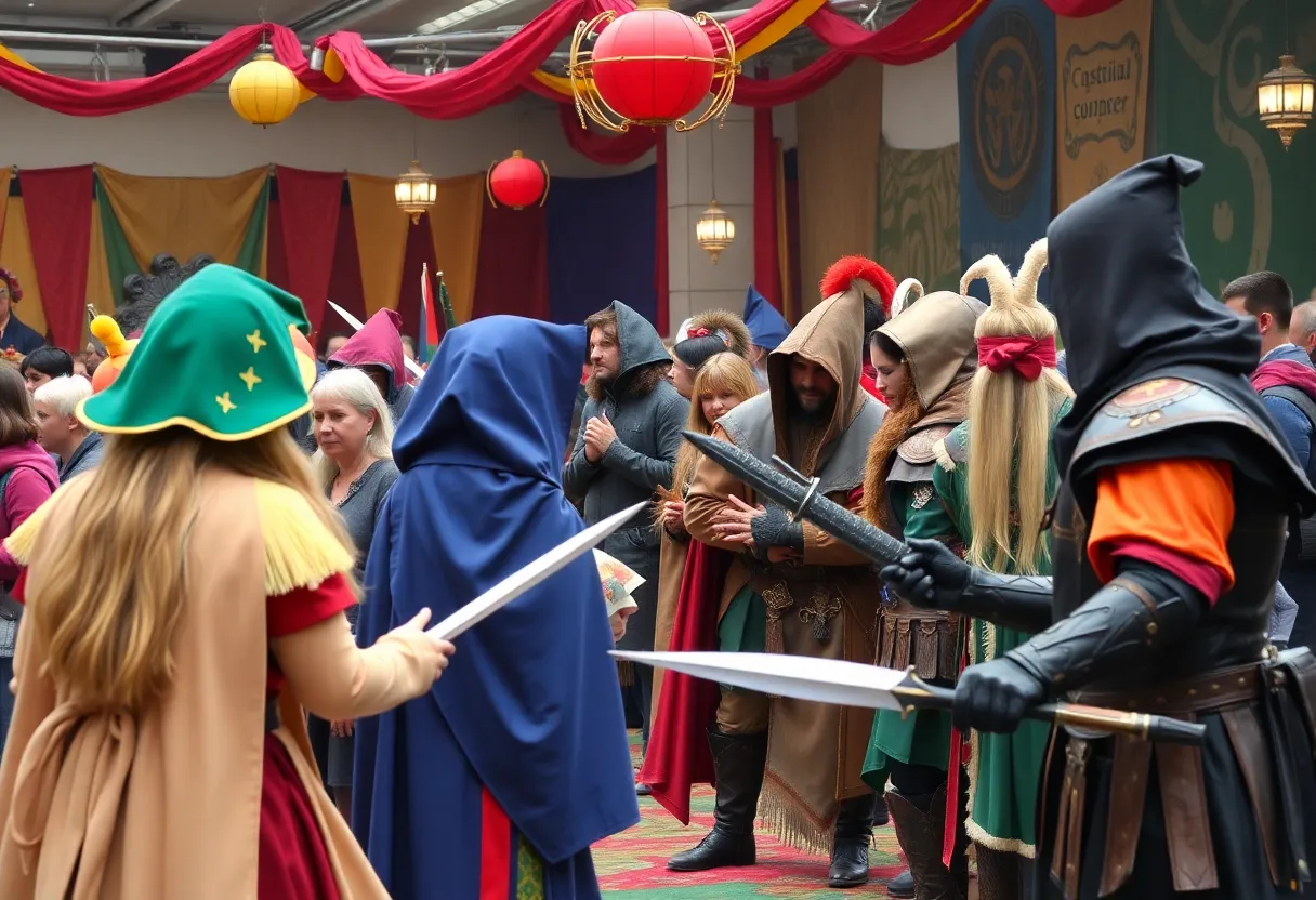 Scene from Monster's Vale fantasy role-playing game event with colorful costumes and gameplay.