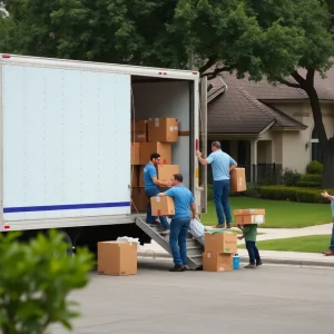 Movers loading a truck with boxes in West San Antonio neighborhood