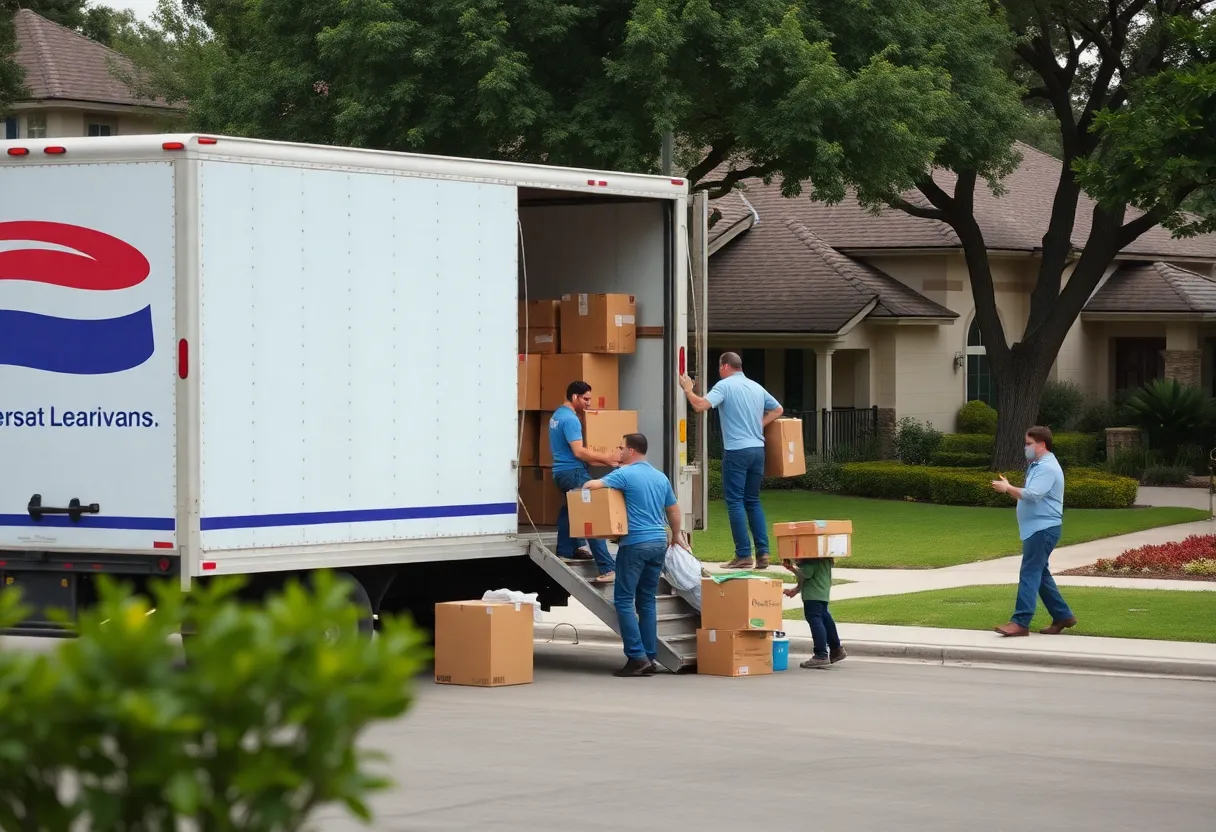 Movers loading a truck with boxes in West San Antonio neighborhood