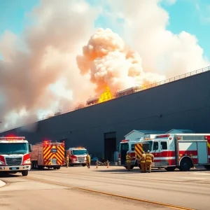 Industrial fire at MT Texas facility with emergency services responding.