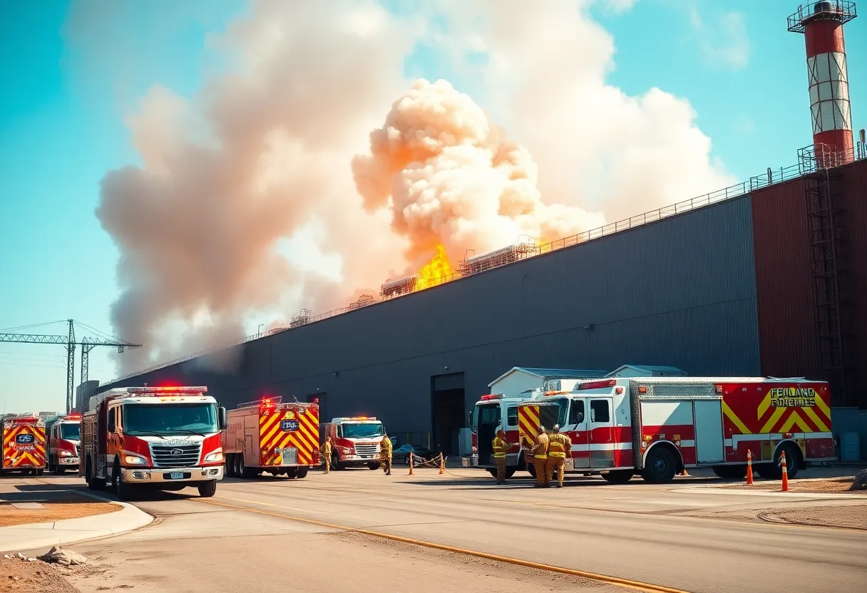 Industrial fire at MT Texas facility with emergency services responding.