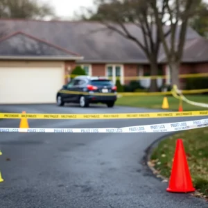 Police investigation scene with crime scene tape in a suburban area