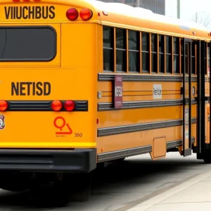 Scene of an NEISD school bus involved in a crash with emergency responders present.