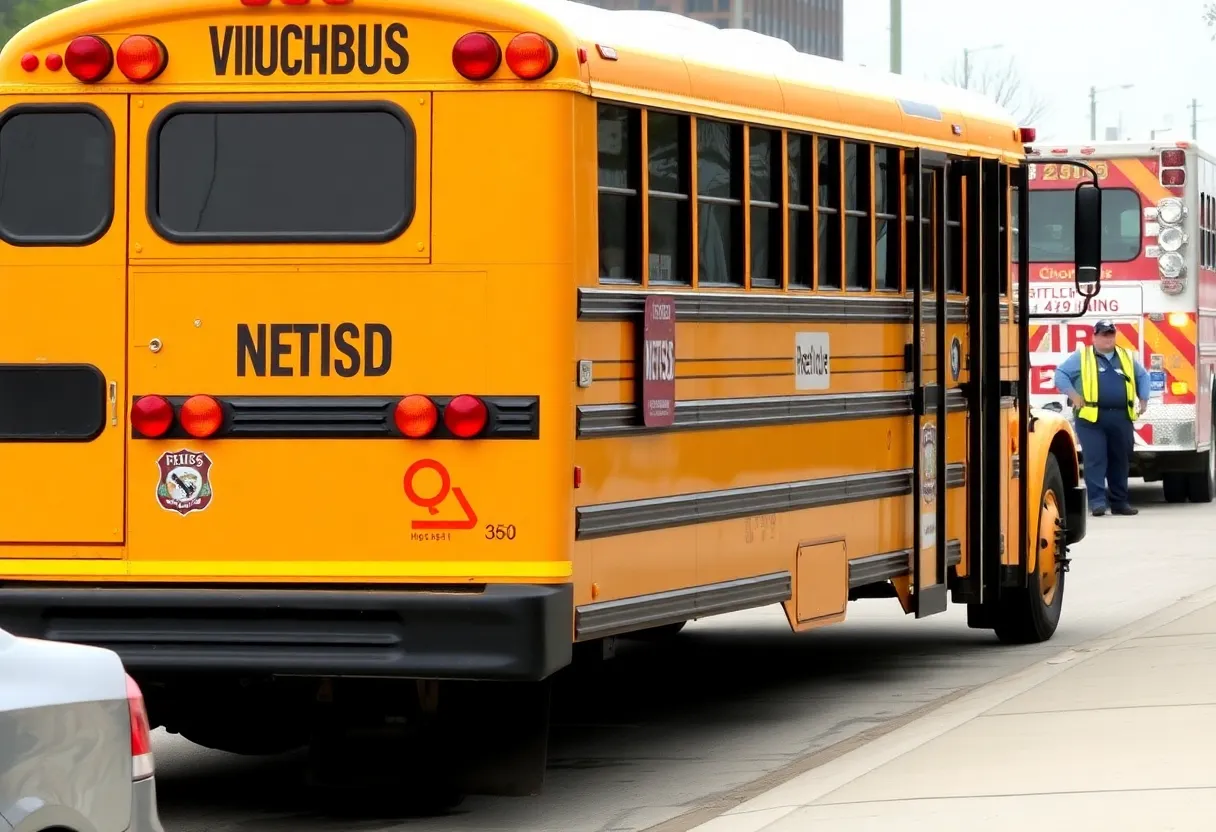 Scene of an NEISD school bus involved in a crash with emergency responders present.