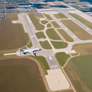Aerial view of New Braunfels Airport showing the terminal and runways.
