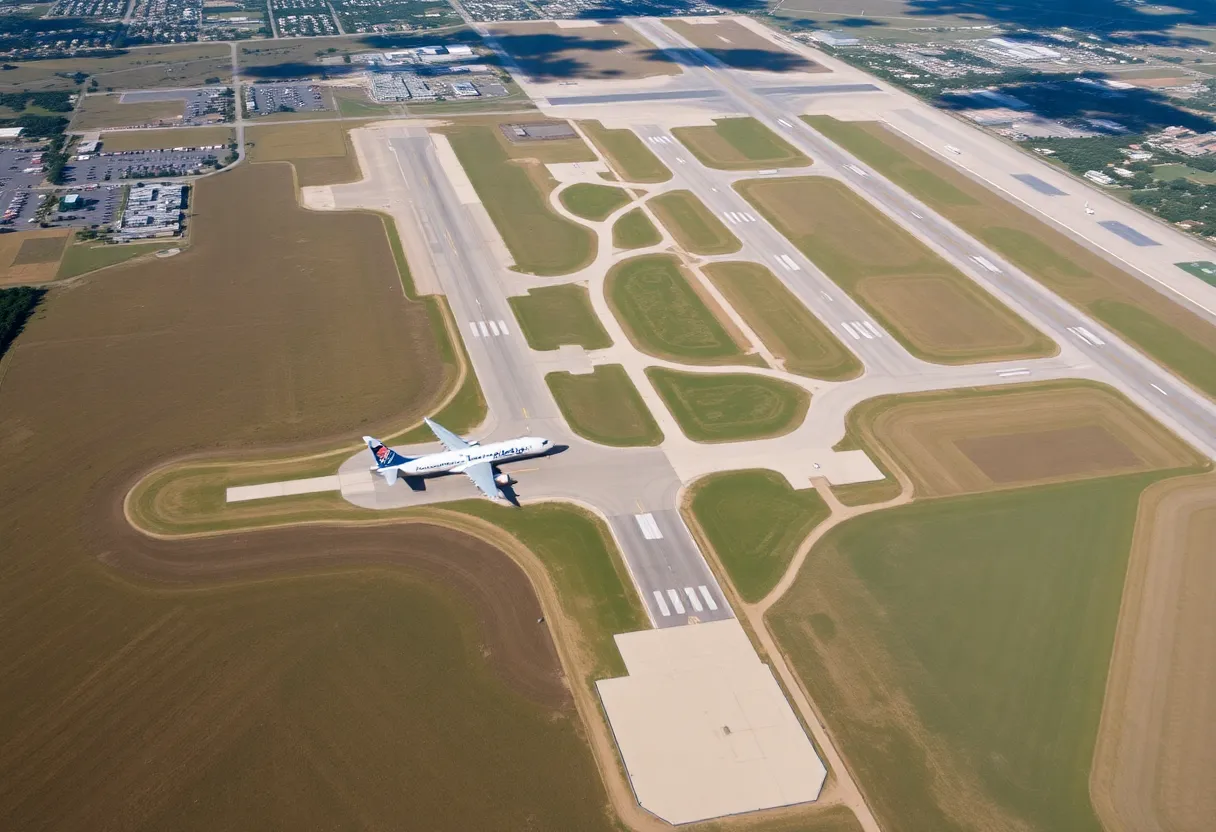 Aerial view of New Braunfels Airport showing the terminal and runways.