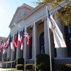 Government building in New Braunfels with flags