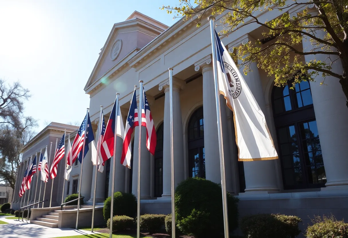 Government building in New Braunfels with flags