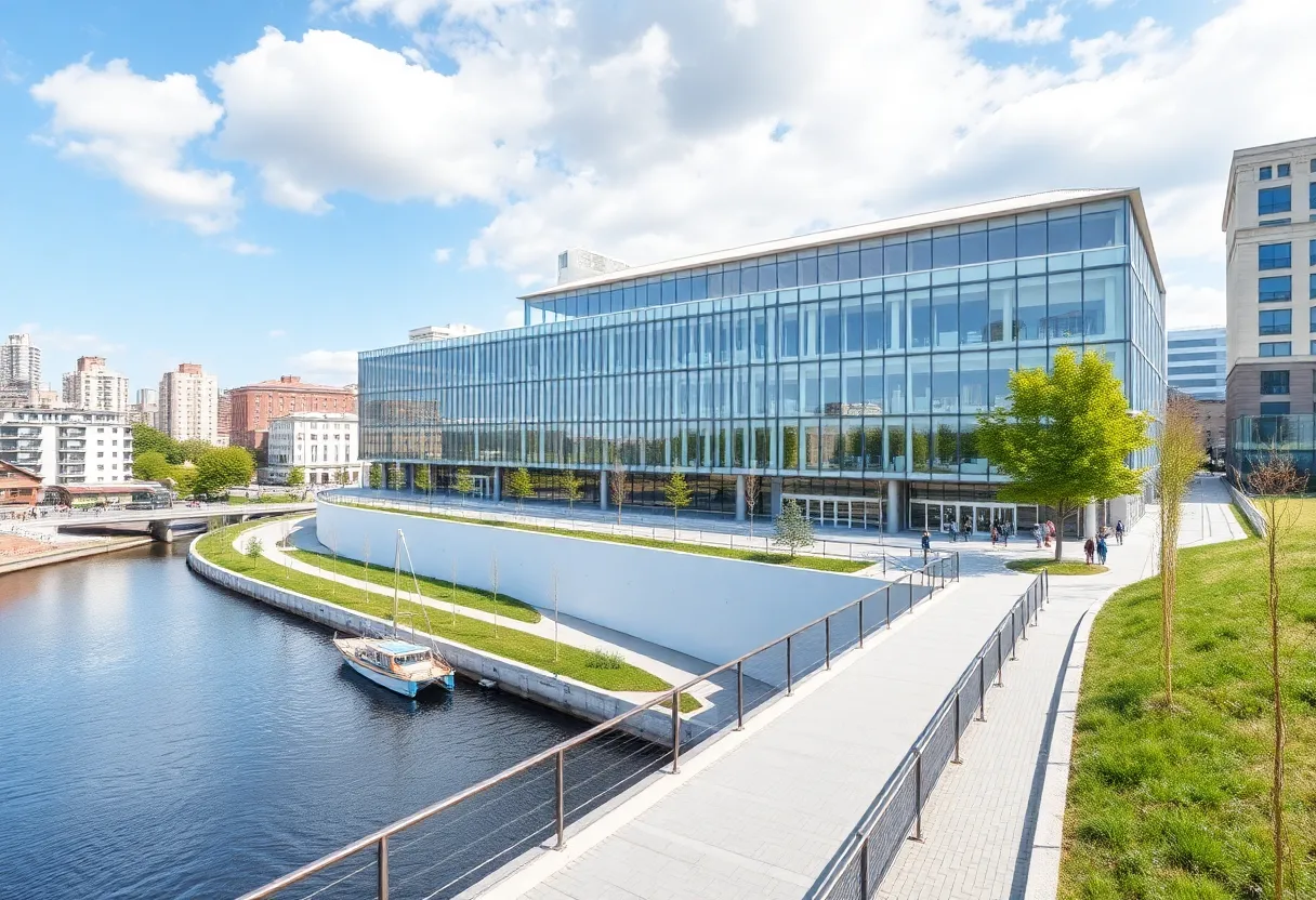 Exterior view of One Riverwalk Place, a new educational facility.
