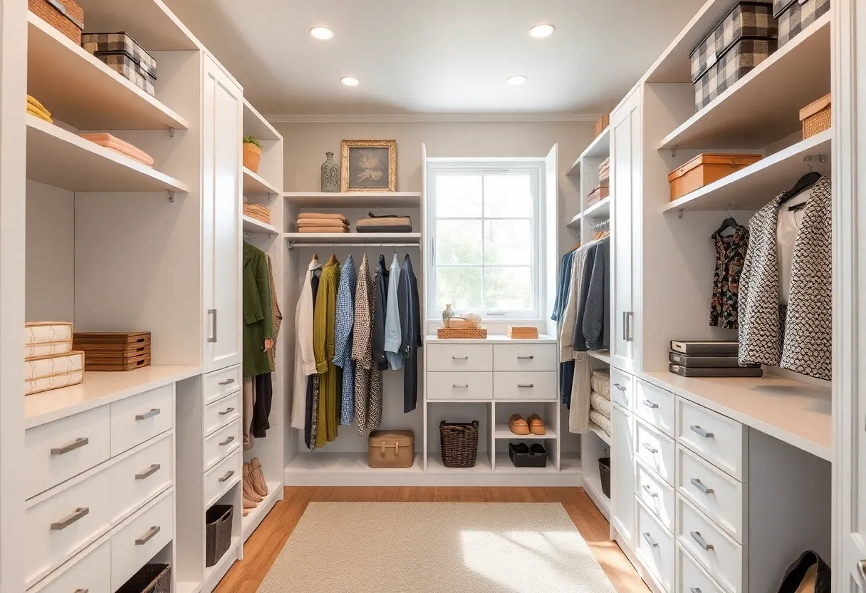 Organized walk-in closet with custom storage solutions