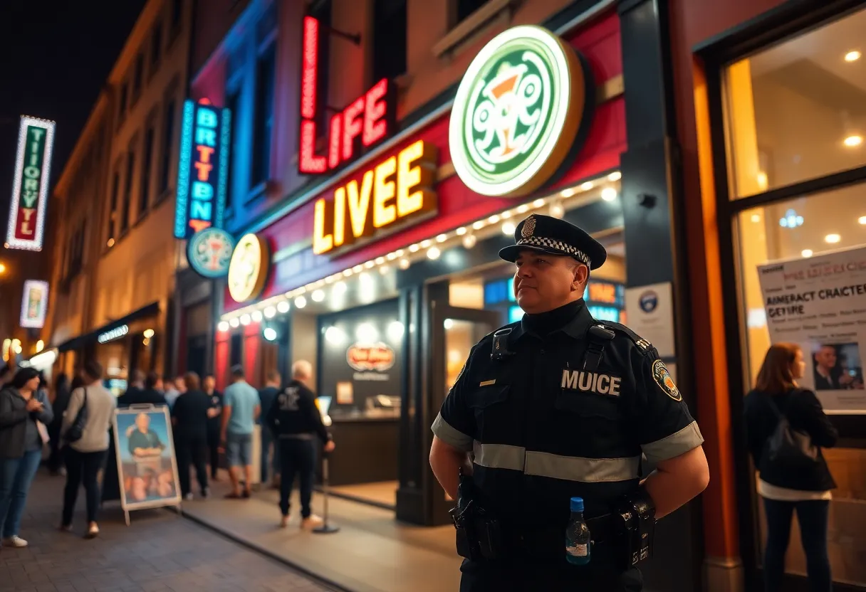 Exterior view of Paper Tiger venue with police presence