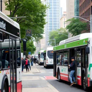 Students boarding a bus in Philadelphia after service restoration.