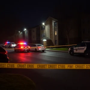 Scene of a police investigation at night with police vehicles and caution tape.