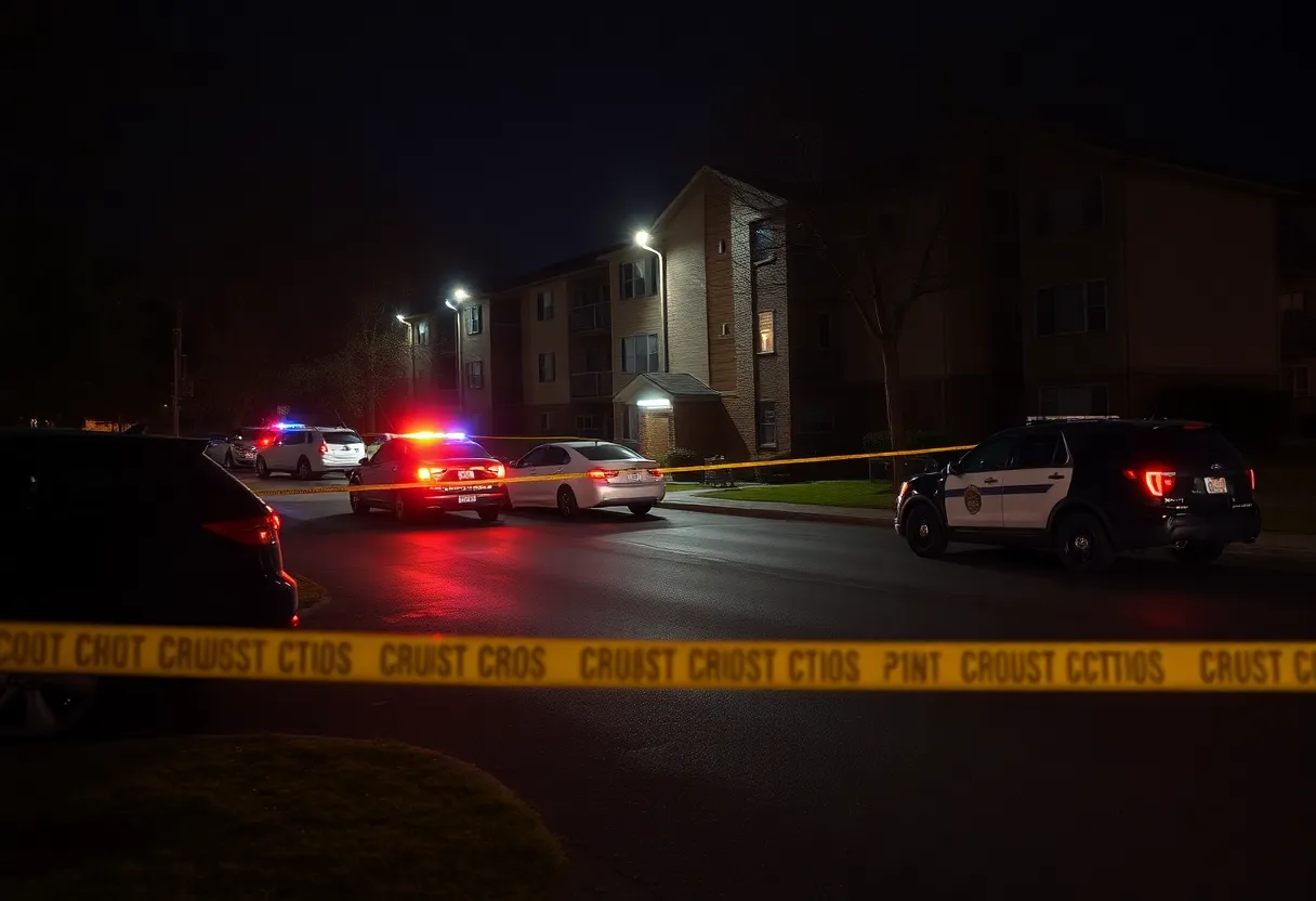 Scene of a police investigation at night with police vehicles and caution tape.